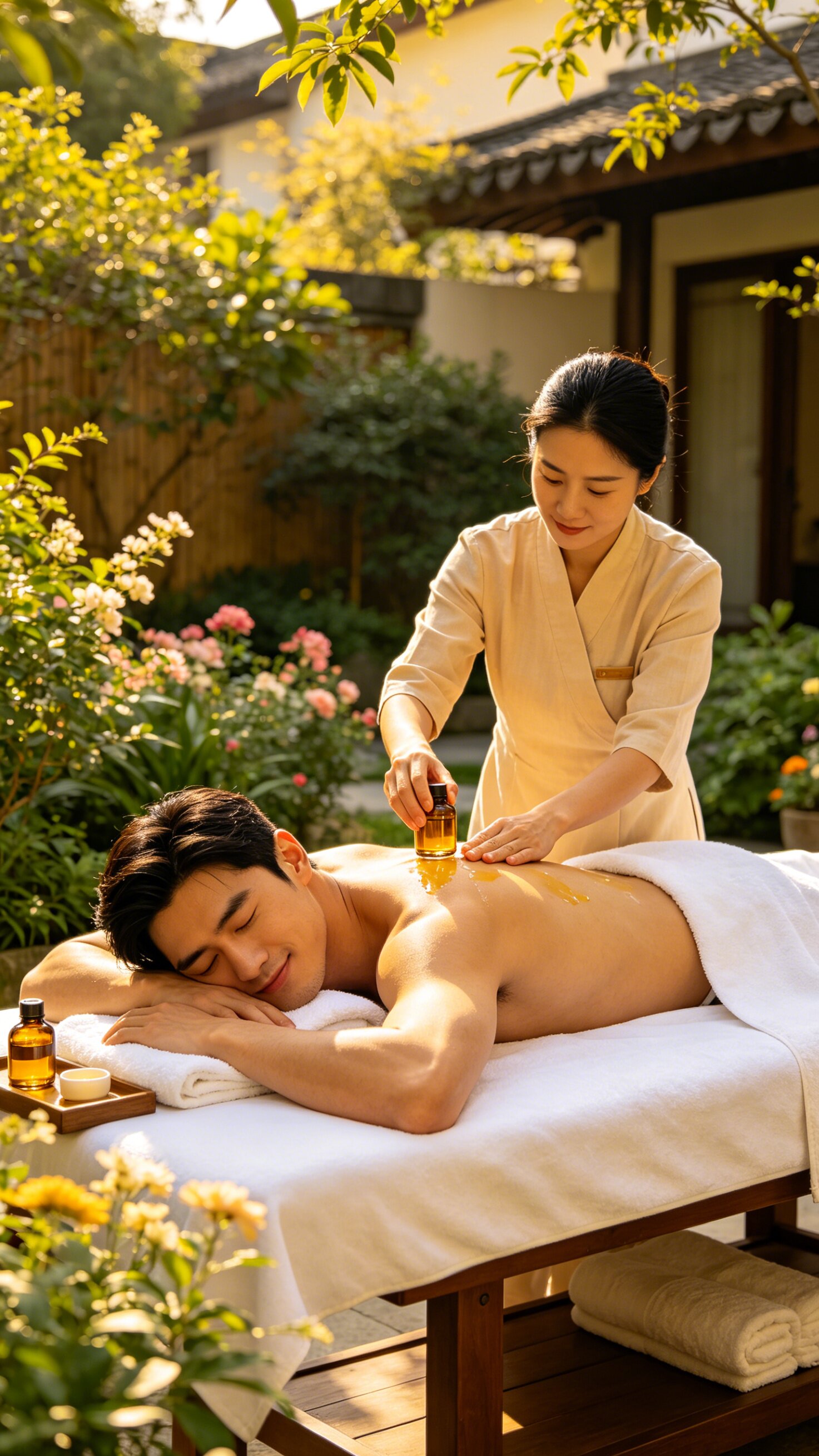 Certified therapist performing relaxing massage in a hotel room